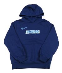 Tmavomodrá mikina s nápisem a logem a kapsou a kapucí Nike
