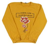 Hořčicová slabá mikina s kytičkami a nápisy