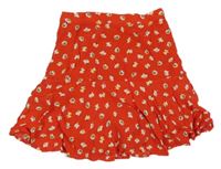 Červená mačkaná sukně s růžemi a všitými kraťasy