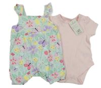 Nové - 2Set - Mátové melírované laclové kraťasy s motýlky a jahůdkami a volánky + světlerůžové body Peacocks