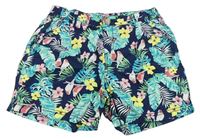 Tmavomodré květované plátěné kraťasy s listy a papoušky H&M