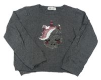 Tmavošedý melírovaný svetr s jednorožcem z překlápěcích flitrů H&M