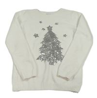 Bílý žinylkový svetr se stromkem z flitrů Primark