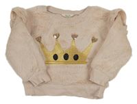 Pudrová chlupatá mikina s korunou s flitry a volánky zn. River Island