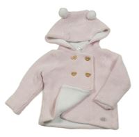 Světlerůžový propínací svetr s kapucí s bambulemi
