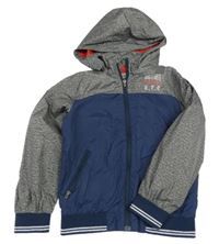 Tmavomodro-tmavošedá šusťáková jarní bunda s nápisem a kapucí H&M