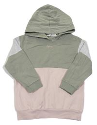 Khaki-světlerůžovo-šedá mikina s nápisem a kapucí H&M