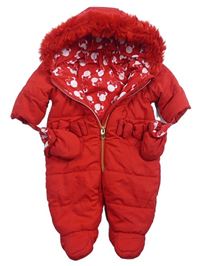 Červená šusťáková zimní bunda s Minnie a kapucí + rukavice zn. George
