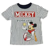 Bílo-tmavomodré pruhované tričko s Mickeym a nápisem Disney