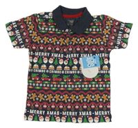 Nové - tmavomodro-barevné vzorované polo tričko s vánočními obrázky Mothercare