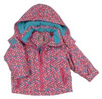 Růžovo-modrá květovaná šusťáková zateplená bunda s kapucí Impidimpi