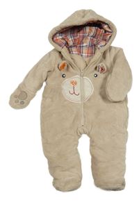 Béžová chlupatá zateplená kombinéza s medvědem a kapucí St. Bernard