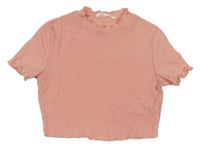 Růžové žebrované úpletové crop tričko Shein