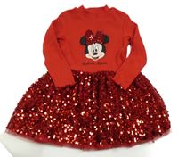 Červené žebrované šaty s flitrovou sukní a s Minnie C&A