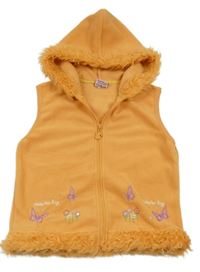 Oranžová fleecová propínací vesta s motýlky a kapucí s kožešinou 