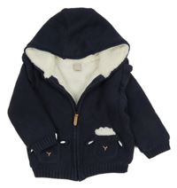 Tmavomodrý propínací zateplený svetr s ovečkami a kapucí John Lewis