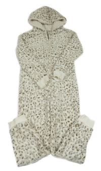 Béžovo-hnědá plyšová kombinéza s leopardím vzorem a kapucí Peacocks