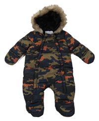 Tmavomodro-khaki-hnědá army šusťáková zimní kombinéza s kapucí s kožešinou Primark