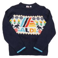 Tmavomodro-bílo-barevný svetr s bambulemi - Aldi 