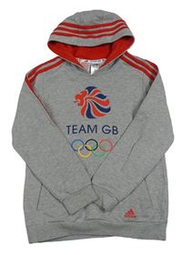 Šedo-červená mikina s potiskem a kapucí Adidas