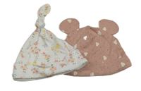 2x bavlněná čepice bílá s květičkami+ růžová puntíkatá s Minnie