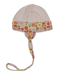 Růžovo-bílá pruhovaná čepice s kytičkami