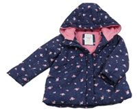 Tmavomodrá květinová šusťáková zimní bunda s kapucí Sinsay