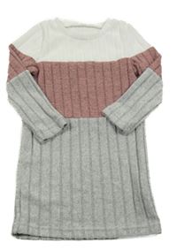 Bílo-růžovo-šedé úpletové žebrované šaty Shein