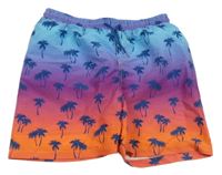 Modro-fialovo-oranžové plážové kraťasy s palmami 