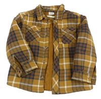 Medovo-bílo-tmavomodrá kostkovaná zateplená košilová bunda 