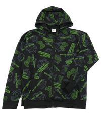 Černo-zelená propínací mikina s nápisy a kapucí 