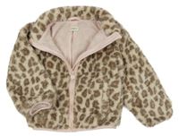 Béžovo-hnědá chlupatá podšitá bunda s leopardím vzorem a kapucí F&F