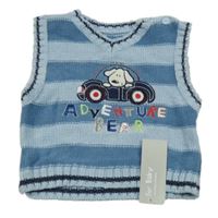Nové - modro-světlemodrá pruhovaná pletená vesta s autem a pejskem a nápisy St. Bernard