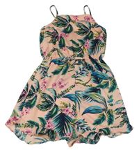 Světlerůžovo-tmavozelený květovaný lehký kraťasový overal Primark