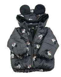 Šedá šusťáková prošívaná zimní bunda s Mickeym a kapucí H&M