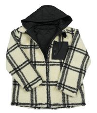 Smetanovo-černá kostkovaná huňatá zateplená bunda s kapucí zn. Dunnes