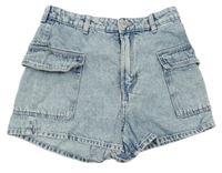 Světlemodré riflové cargo high waist kraťasy H&M