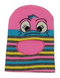 Růžovo-pruhovaná pletená kukla s očima