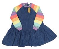 Nové - modré riflové šaty s barevnými pruhovanými teplákovými rukávy Next