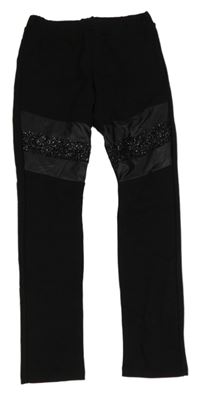 Černé tregínové kalhoty s koženkou a třpytivým pruhem Civil