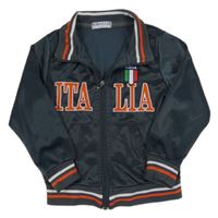 Tmavomodrá propínací sportovní mikina s nápisem a pruhy