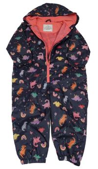 Tmavomodrá šusťáková jarní kombinéza s dinosaury a duhami a kytičkami a kapucí George