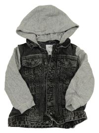 Černá plísňová riflová bunda se šedými melírovanými teplákovými rukávy a odepínací kapucí lefties