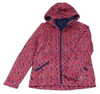 Jahodová puntíkatá softshellová bunda s květy a nápisy a kapucí crivit