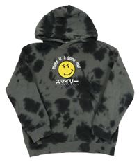 Tmavošedo-černá batikovaná mikina se smajlíkem a nápisy a kapsou a kapucí H&M