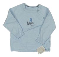 Nové - světlemodrý propínací úpletový svetr s medvídkem a nápisy little nutmeg