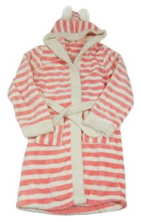 Růžovo-bílý pruhovaný plyšový župan s kapucí s oušky 