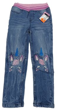 Nové - modré skinny rifle s jednorožci a úpletovým pasem INFINITY KIDS