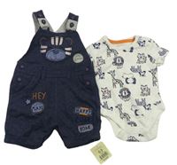 2set - Tmavomodré melírované teplákové laclové kraťasy s medvědem + bílé body se zvířaty George