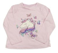 Růžové triko s jednorožcem a motýly Primark
